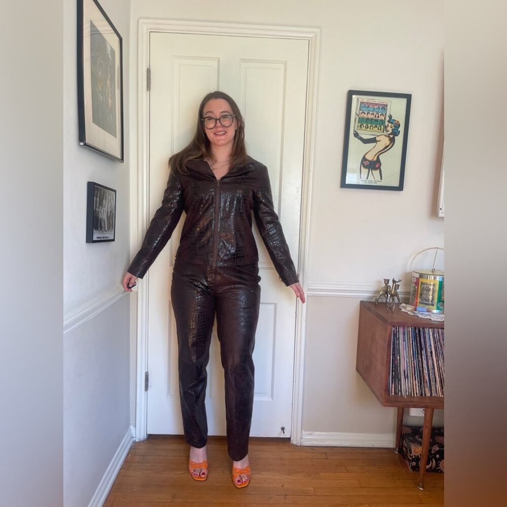 Y2K Vintage Faux Croc Skin Chocolate Brown Two Piece Pant Set - Picture 3 of 13